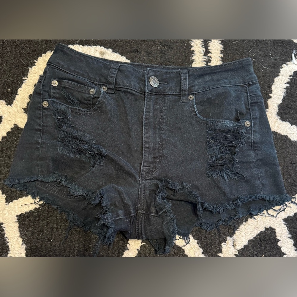 American Eagle Hi-Rise Festival Black Distressed Jean Shorts Size 8